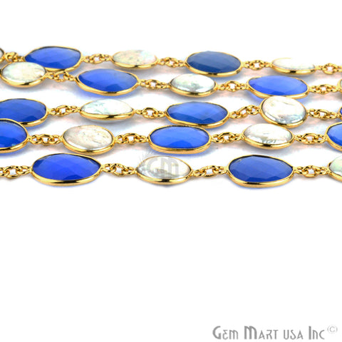 Blue Chalcedony & Freshwater Pearl Gold Bezel 10-15mm Continuous Connector Chain - GemMartUSA