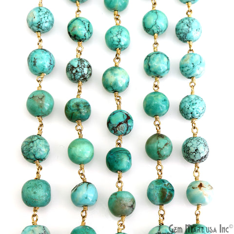 Turquoise Green Cabochon 9-10mm Gold Plated Wire Wrapped Rosary Chain