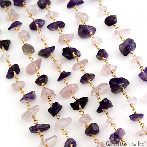 Amethyst & Rose Quartz  Nugget Chip 4-6mm Gold Wire Wrapped Rosary Chain