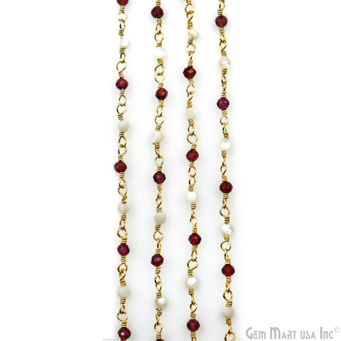 Rhodolite & Mother Of Freshwater Pearl Gold Plated Wire Wrapped Gemstone Beads Rosary Chain