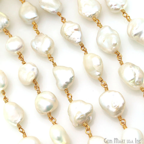 Natural Freshwater Pearl Free Form 10-12mm Gold Plated Wire Wrapped Rosary Chain