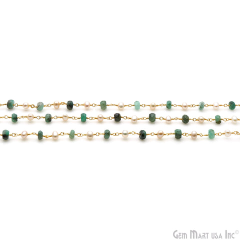 Emerald & Freshwater Pearl 4-5mm Gold Wire Wrapped Rosary Chain