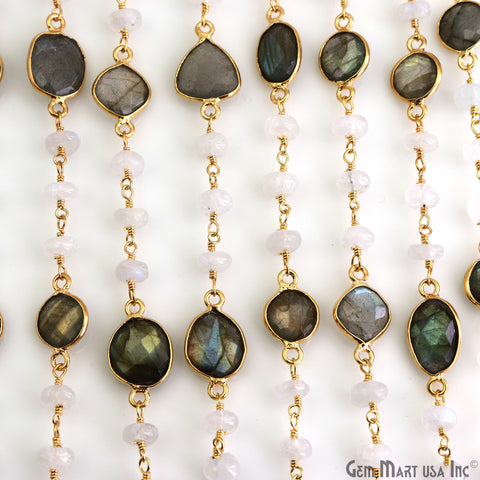 Labradorite & Rainbow Moonstone Beads Gold Plated Mix Shape Bezel Link Continuous Connector Chain