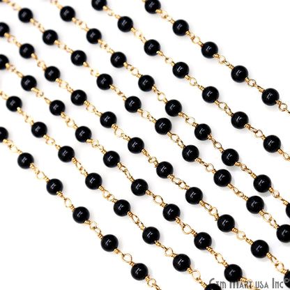 Black Jade Cabochon Beads 4mm Gold Wire Wrapped Rosary Chain