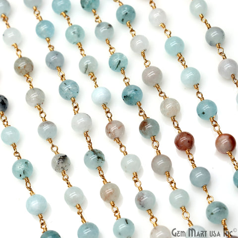 Blue Onyx Cabochon Beads 6mm Gold Wire Wrapped Rosary Chain