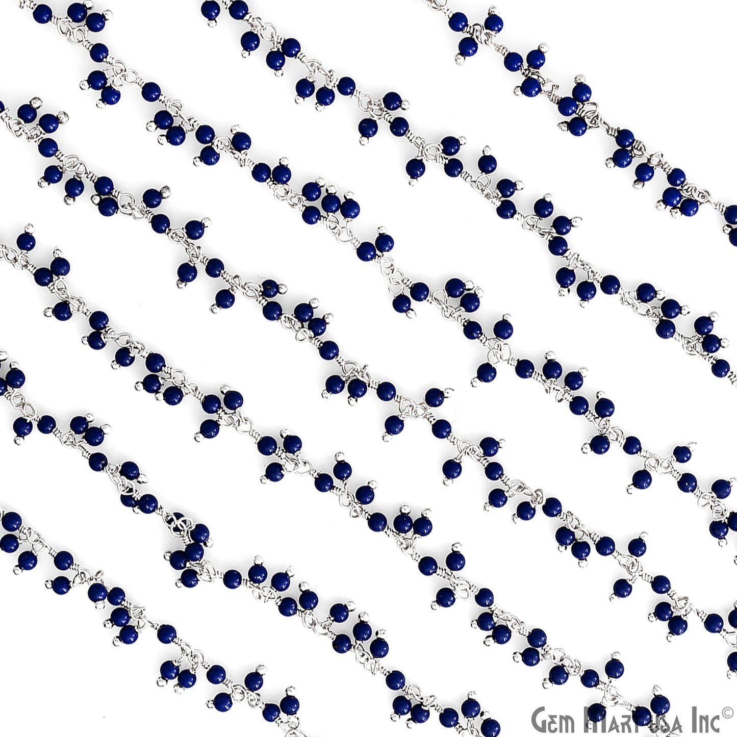 Dark Blue Chalcedony 2-2.5mm Cluster dangle Gemstone Beaded Silver Wire Wrapped Rosary Chain