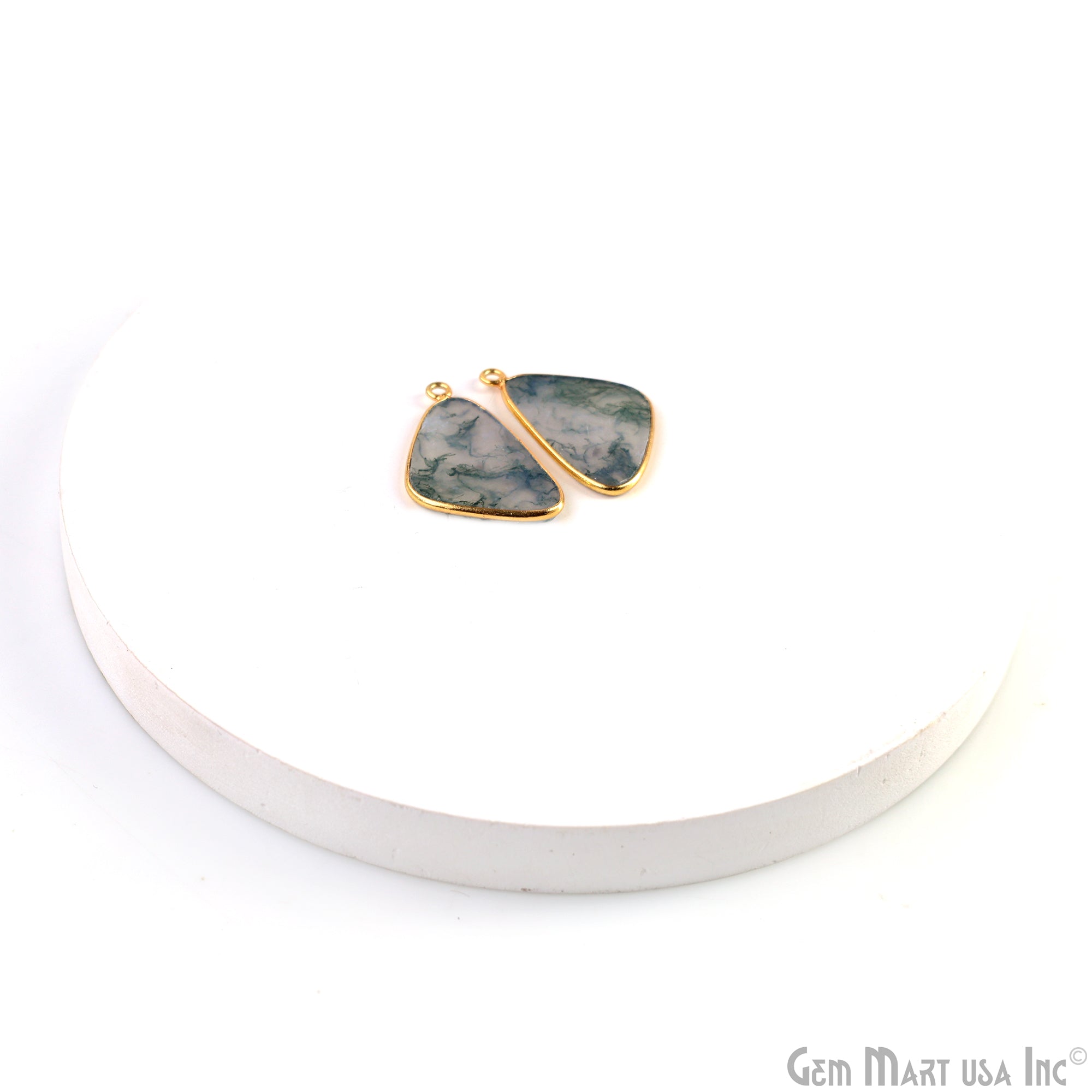 Moss Agate D Shape Gold Plated Single Bail Bezel Smooth Slab Slice Thick Gemstone Connector 30x17mm 1 Pair