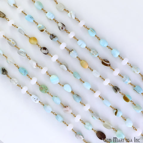 Amazonite & White Chalcedony Tumble Beads Gold Plated Wire Wrapped Rosary Chain