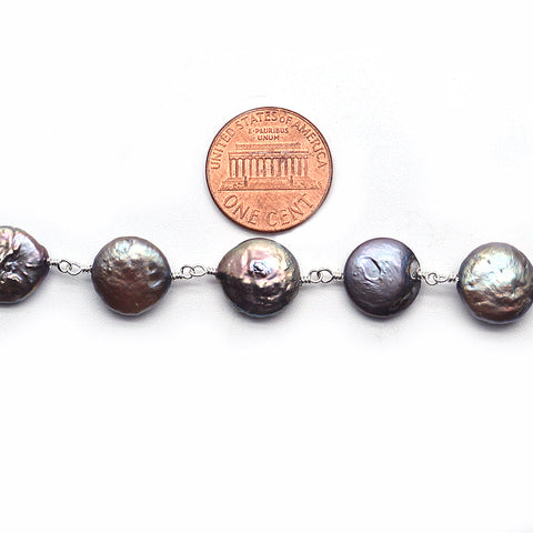 Black Freshwater Pearl 9-10mm Freeform Beads Silver Plated Wire Wrapped Rosary Chain - GemMartUSA (763957280815)