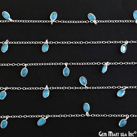Sky Blue Chalcedony Oval 5x3mm Silver Plated Bezel Connector Dangle Rosary Chain