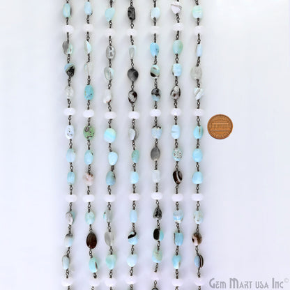 Amazonite & White Chalcedony Tumble Beads Oxidized Wire Wrapped Rosary Chain