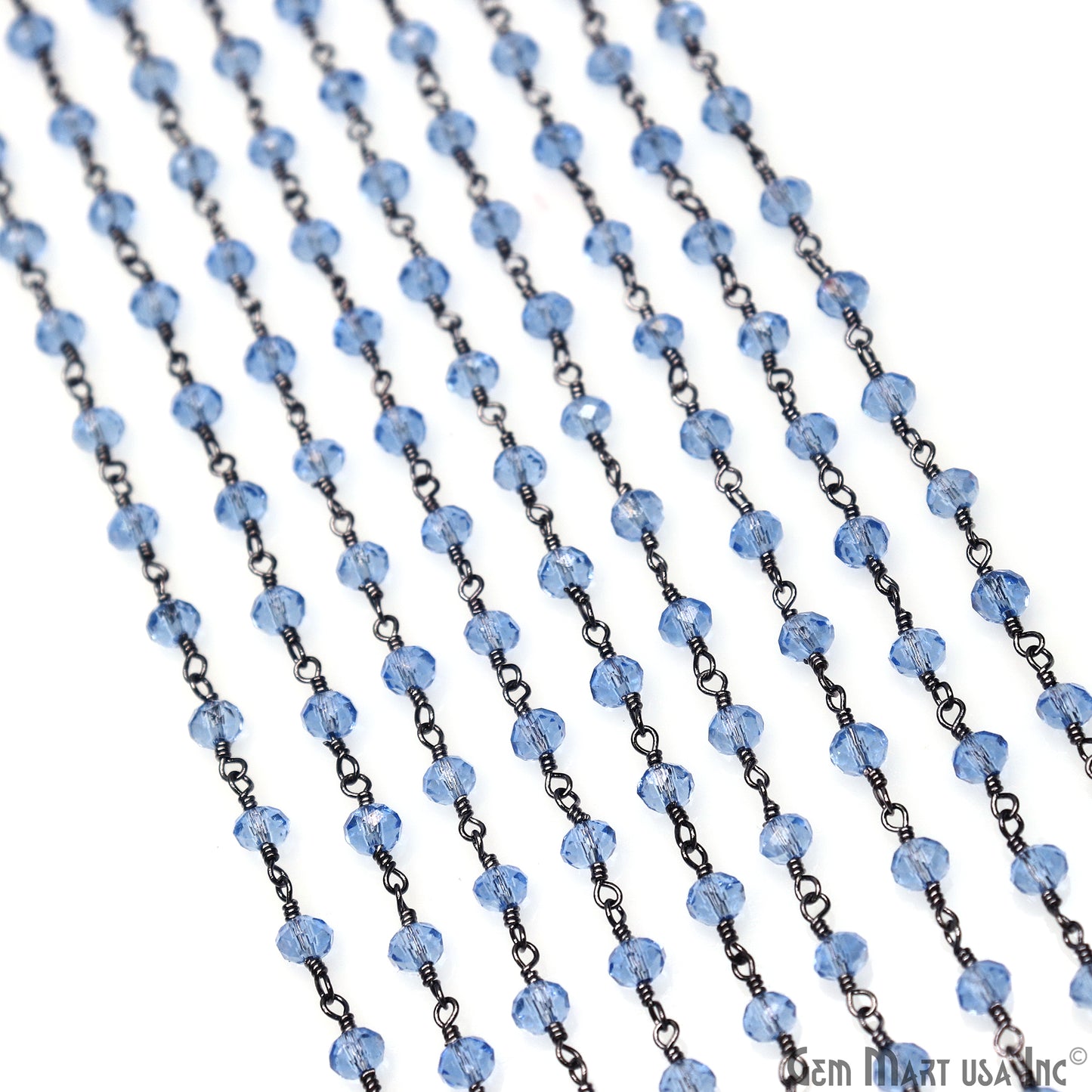 Blue Zircon 4mm Faceted Beads Oxidized Wire Wrapped Rosary