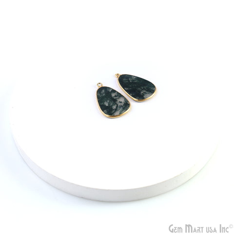 Moss Agate Free Form Gold Plated Single Bail Bezel Smooth Slab Slice Thick Gemstone Connector 30x18mm 1 Pair