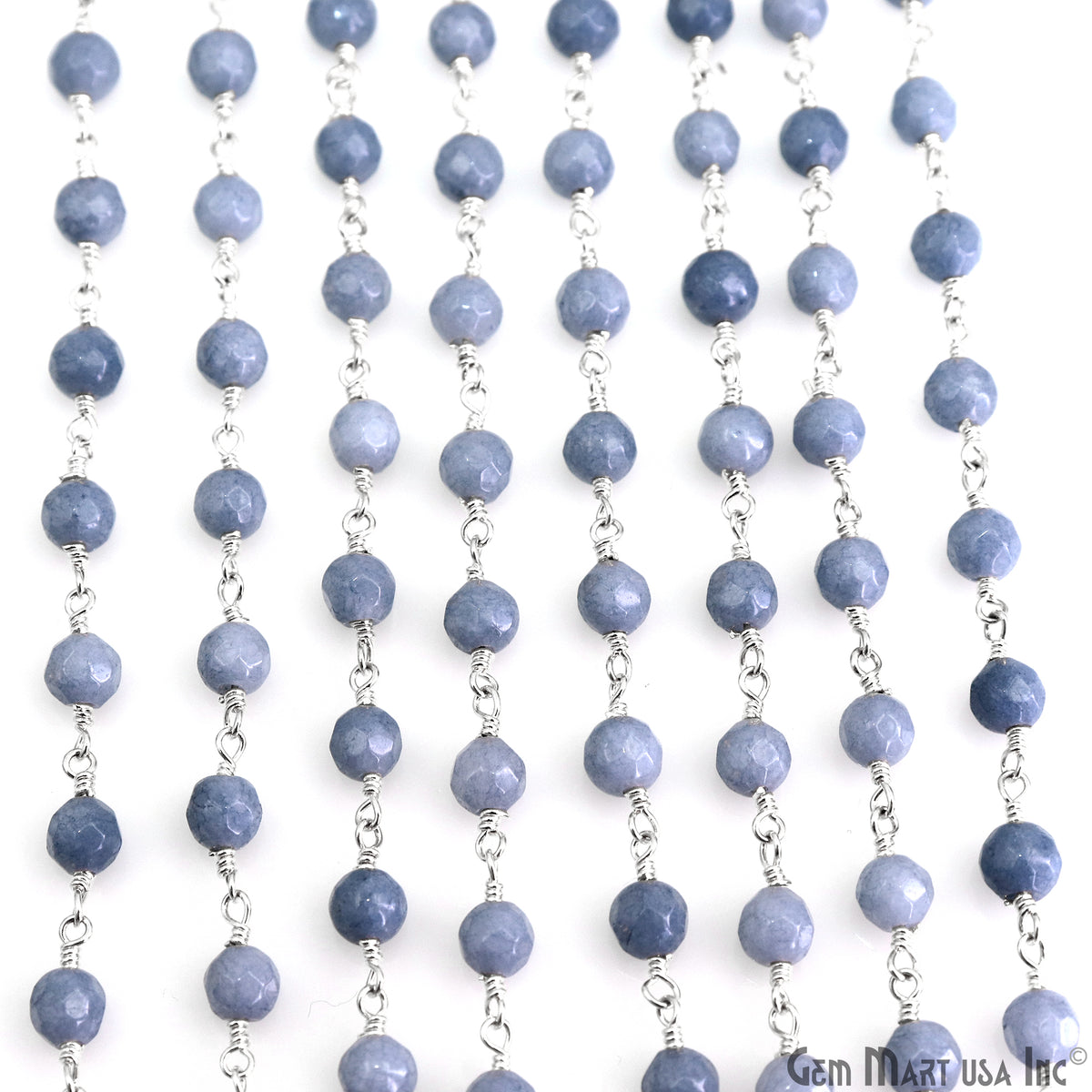 Blue Lace Agate Jade Faceted Beads 4mm Silver Wire Wrapped Rosary Chain