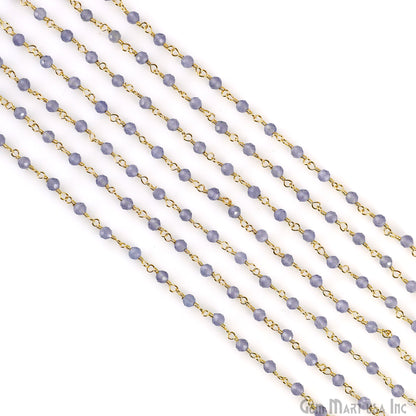 Tanzanite 3-3.5mm Gold Plated Beaded Wire Wrapped Rosary Chain