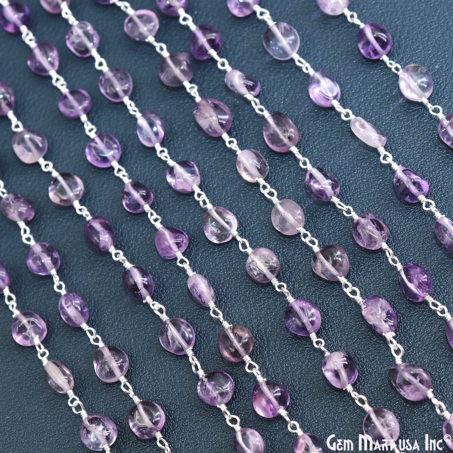 Amethyst Tumble Beads 8x5mm Silver Wire Wrapped Rosary Chain