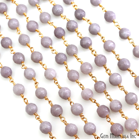 Coated Gray Jade Faceted Beads 6mm Gold Plated Wire Wrapped Rosary Chain