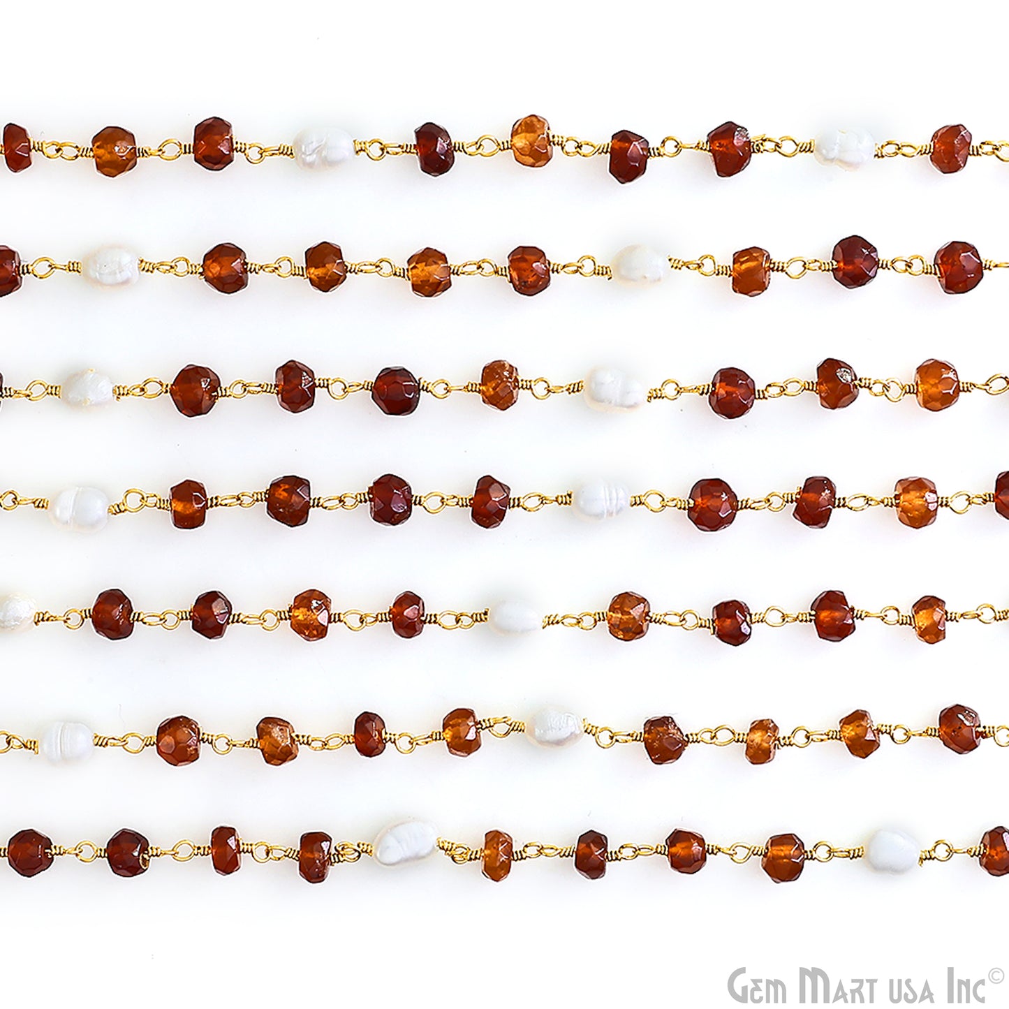 Hessonite 4-5mm & Pearl 5x4mm Beads Beads Gold Plated Rosary Chain