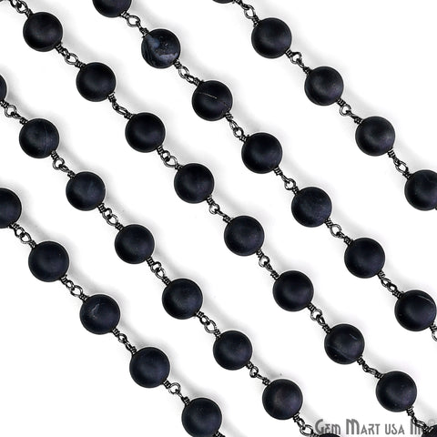 Black Tourmaline 8mm Cabochon Beads Oxidized Wire Wrapped Rosary Chain