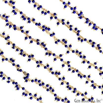 Dark Blue Chalcedony 2-2.5mm Cluster dangle Gemstone Beaded Gold Wire Wrapped Rosary Chain