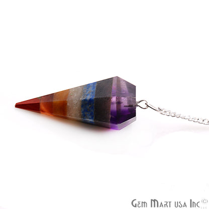 Seven Chakra Crystal Dowsing Pendulum - Natural Gemstone Pendant with Silver Chain