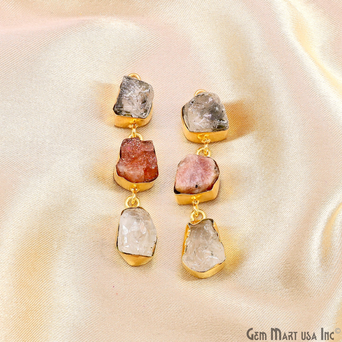 Rough Gemstone Bezel Setting 52x9mm Gold Plated Long Dangle Earring Pair Connectors