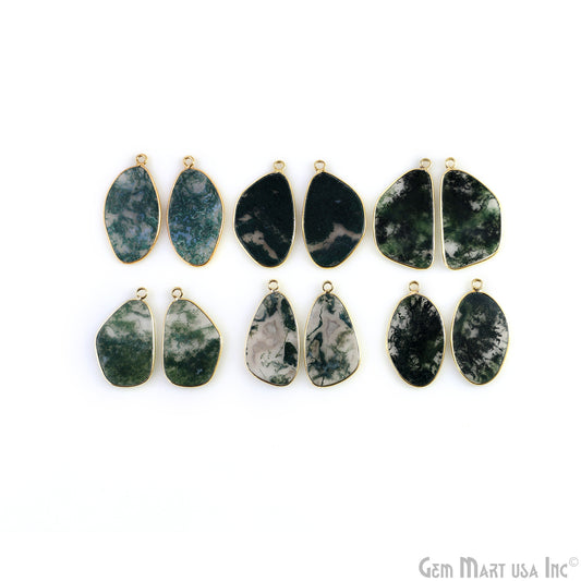 Moss Agate Free Form Gold Plated Single Bail Bezel Smooth Slab Slice Thick Gemstone Connector 31x16mm 1 Pair