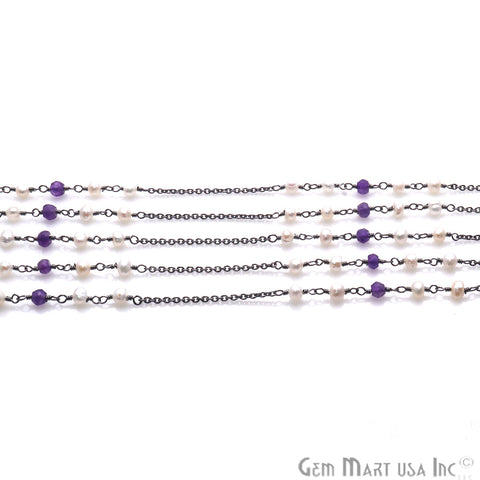 Amethyst & Freshwater Pearl Beaded Oxidized Wire Wrapped Rosary Chain