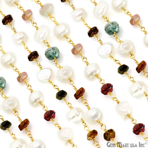 Multi Tourmaline & Freshwater Pearl Gold Plated Wire Wrapped Rosary Chain