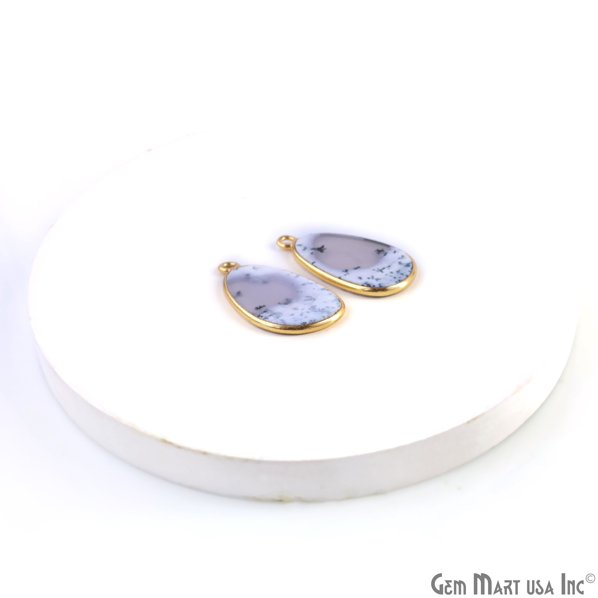 Dendrite Opal Oval Gold Plated Single Bail Bezel Smooth Slab Slice Thick Gemstone Connector 29x15mm 1 Pair