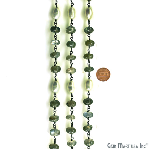 Labradorite Cabochon With Pearl Oxidized Wire Wrapped Rosary Chain