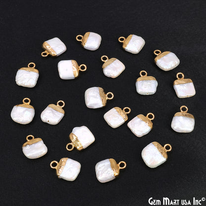 White Pearl Square Charm With Gold Electroplated Cap Single Bail Pendant