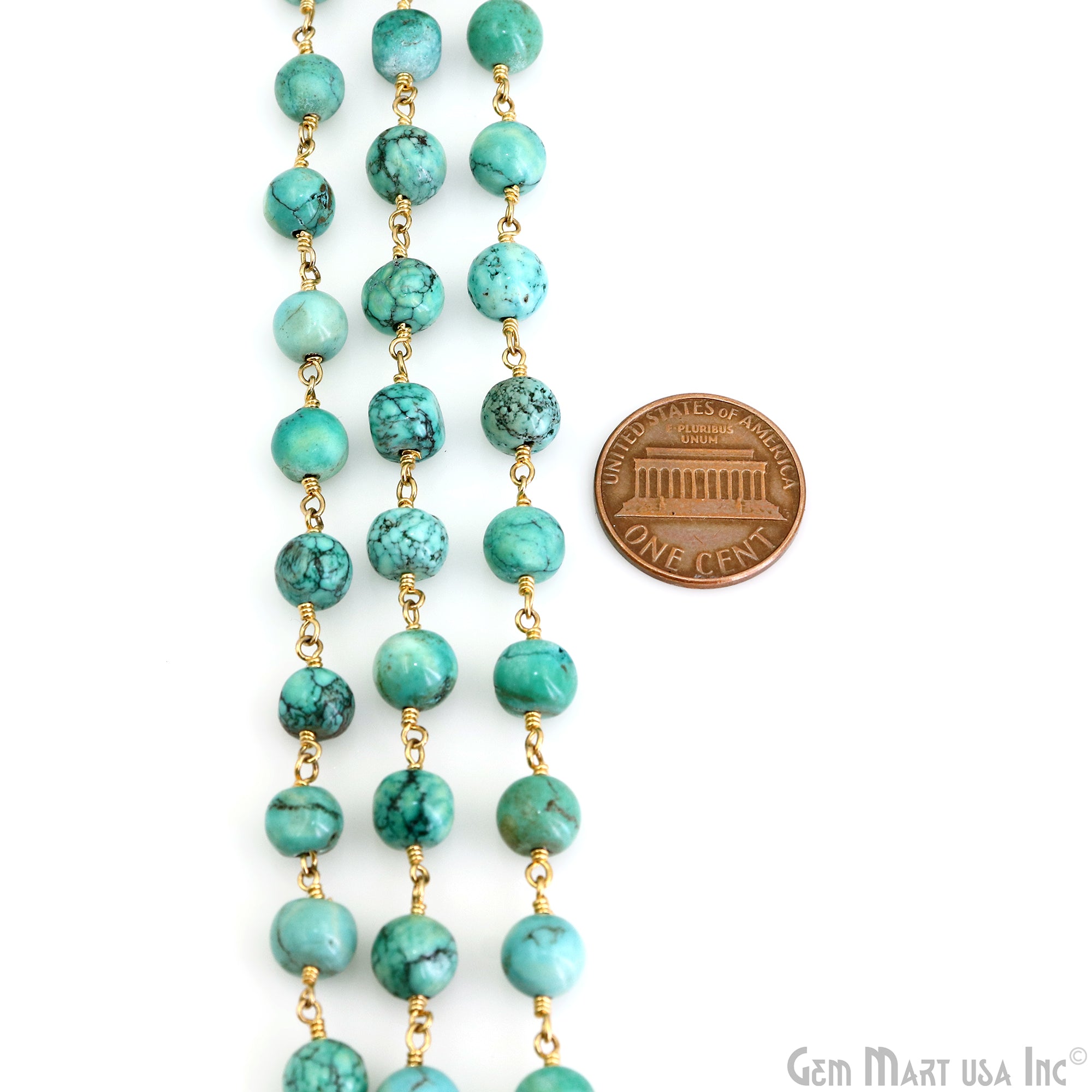 Turquoise Green Cabochon 6-7mm Gold Plated Wire Wrapped Rosary Chain