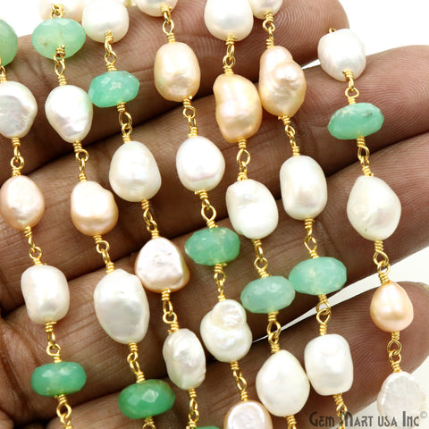 Chrysoprase & Freshwater Pearl Faceted Beads Gold Plated Wire Wrapped Rosary Chain