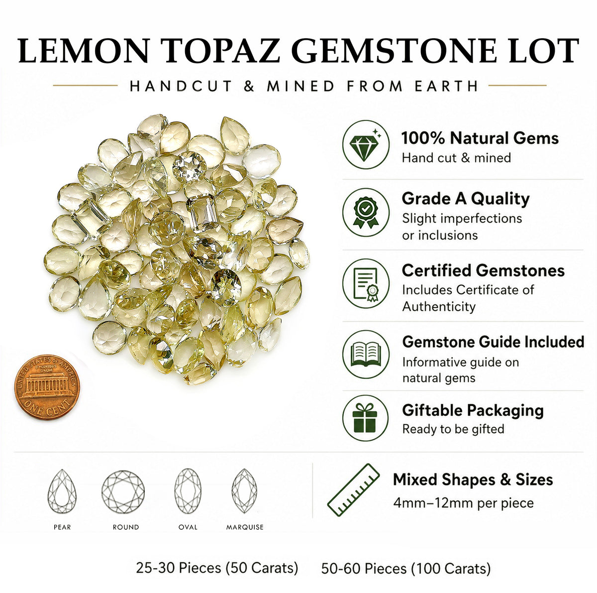 Lemon Topaz Wholesale Gemstones, 100% Natural Semi-Precious Gems, Yellow Faceted Loose Gems, 4-8mm, Mixed, 50 Carats