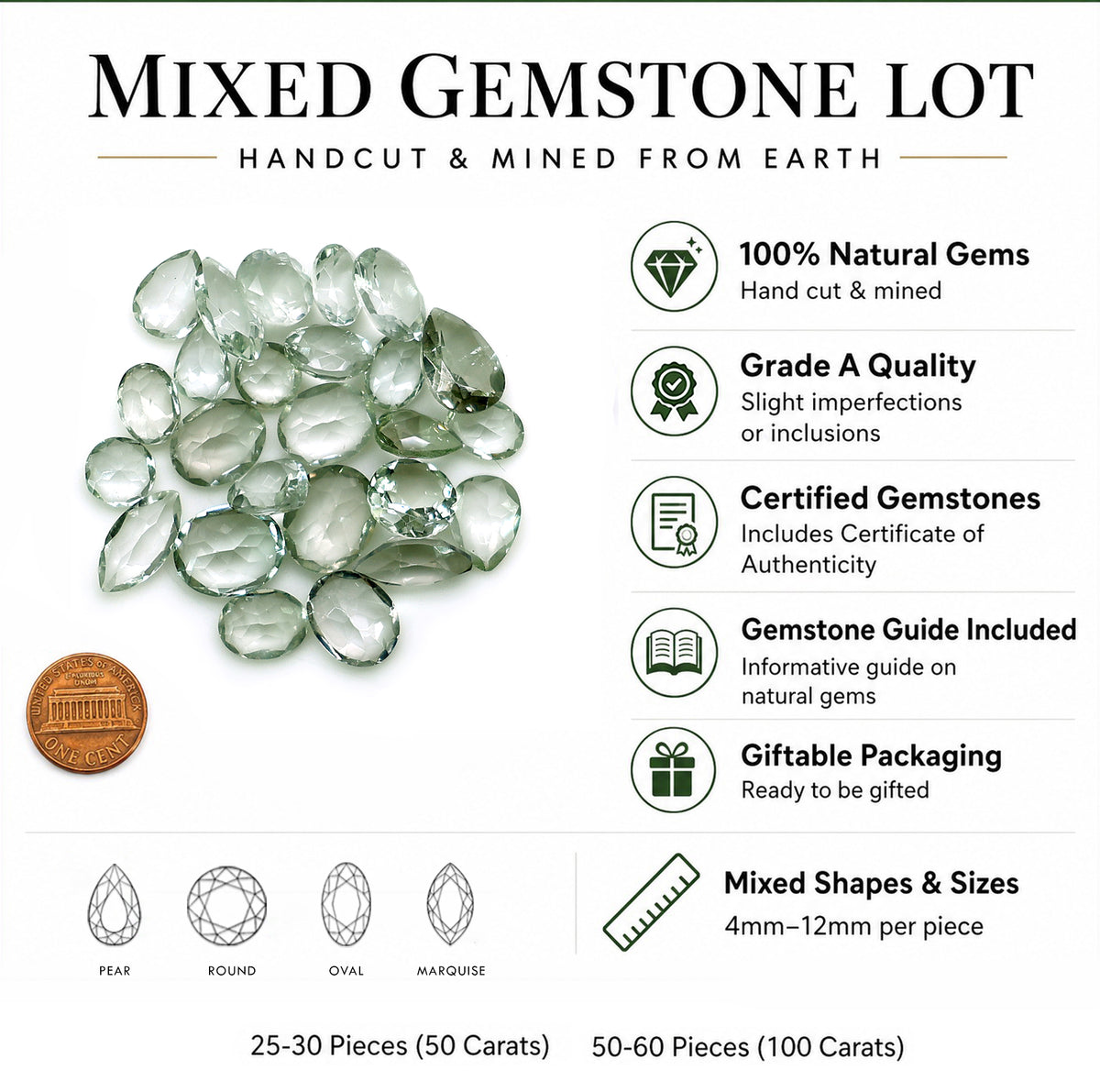 Green Amethyst Wholesale Gemstones, 100% Natural Semi-Precious Gems, Green Faceted Loose Gems, 4-8mm, Mixed, 50 Carats