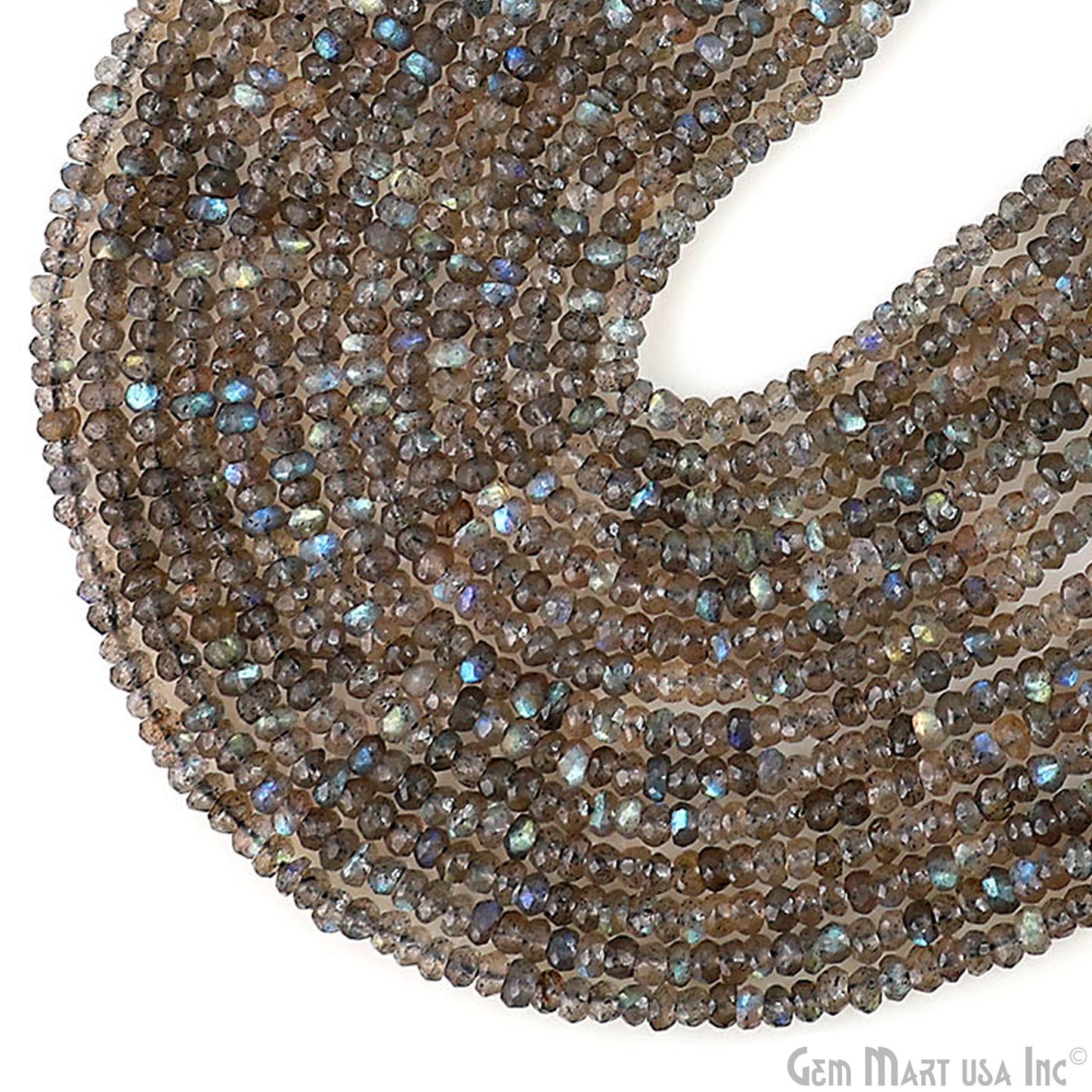 Labradorite Rondelle Beads, 12.5 Inch Gemstone Strands, Drilled Strung Nugget Beads, Faceted Round, 3-4mm