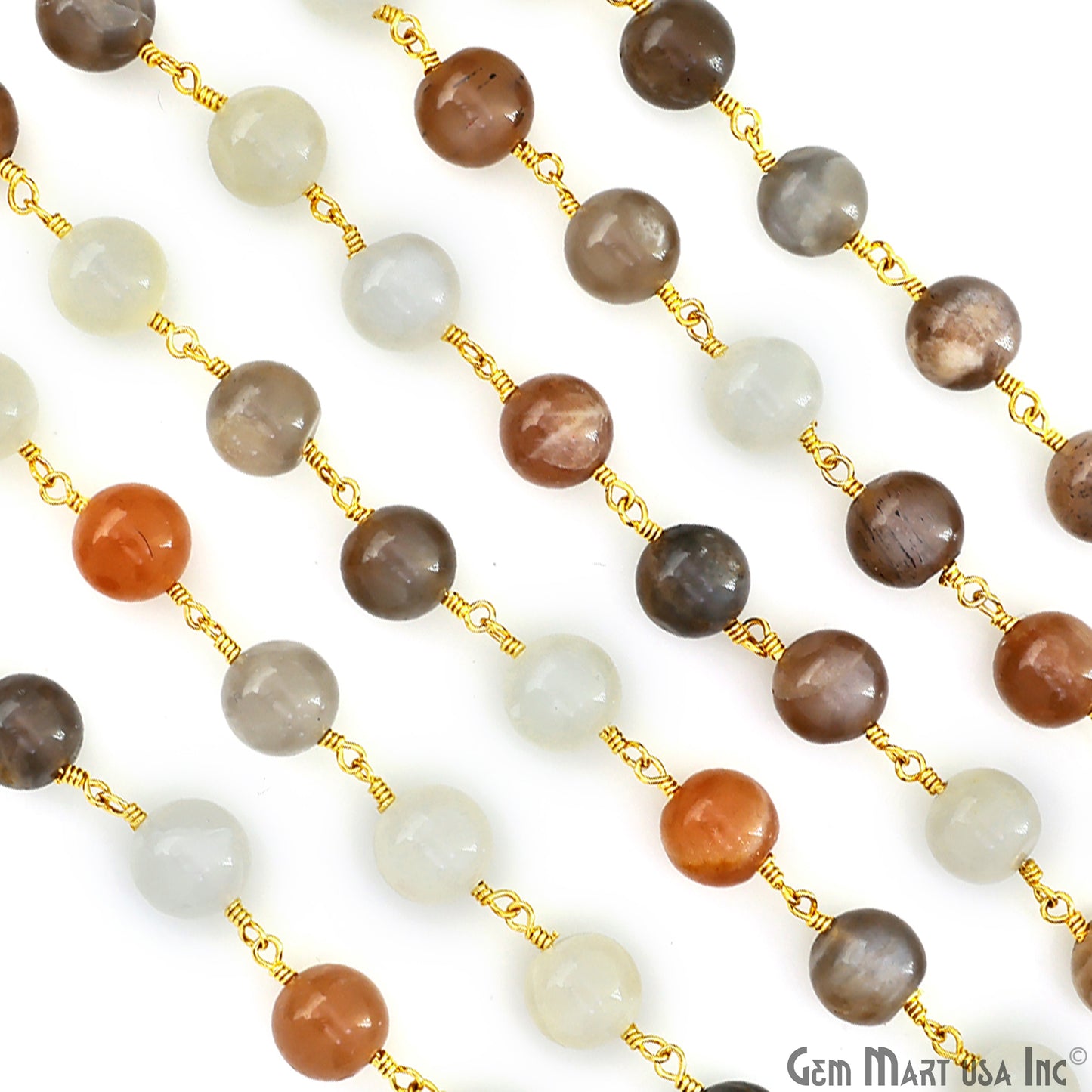 Multi Moonstone Cabochon Beads 8-9mm Gold Wire Wrapped Rosary Chain