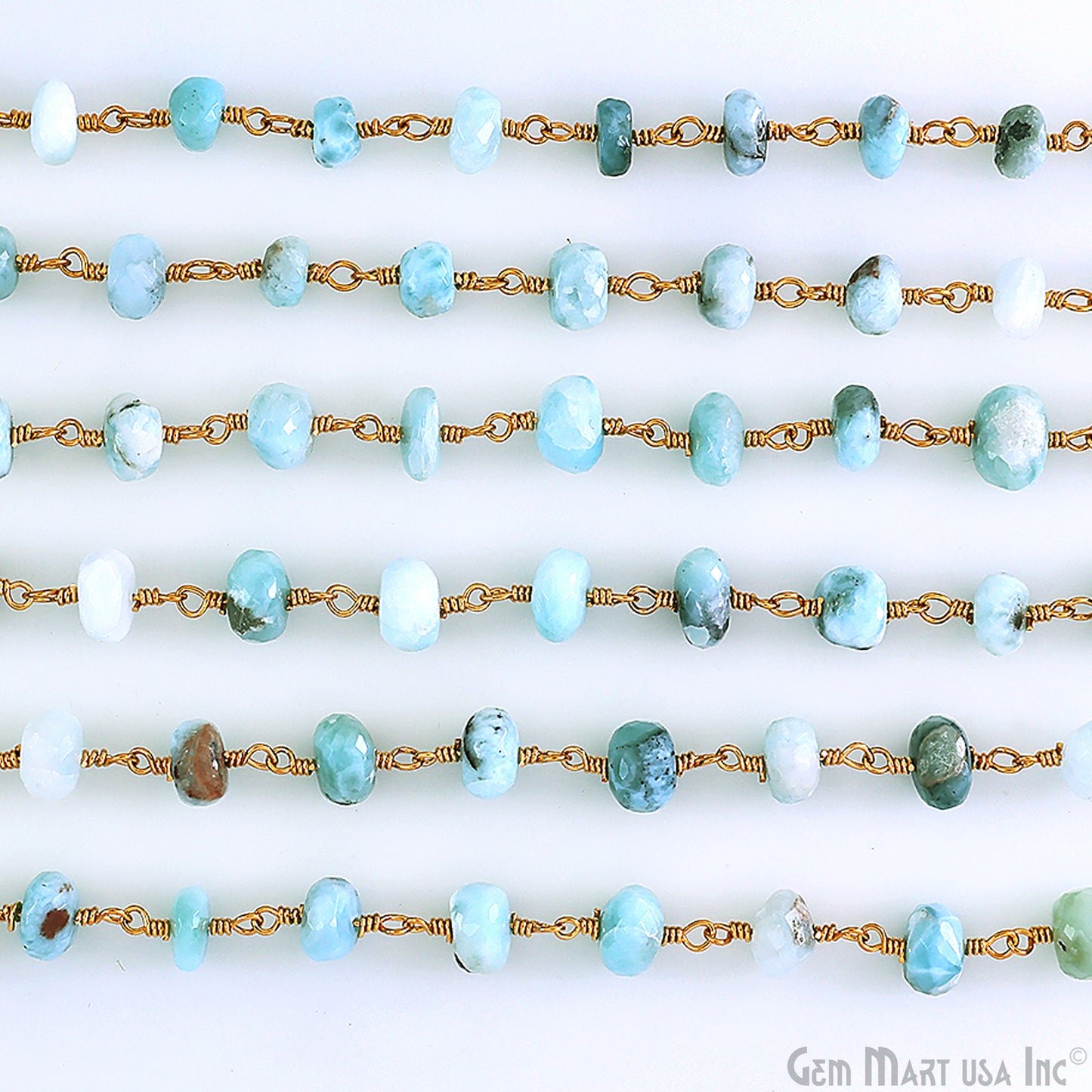 Larimar Faceted 5-6mm Gold Plated Beaded Wire Wrapped Rosary Chain