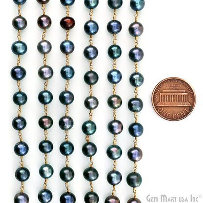 Black Pearl Cabochon Beads 9-10mm Gold Plated Gemstone Rosary Chain