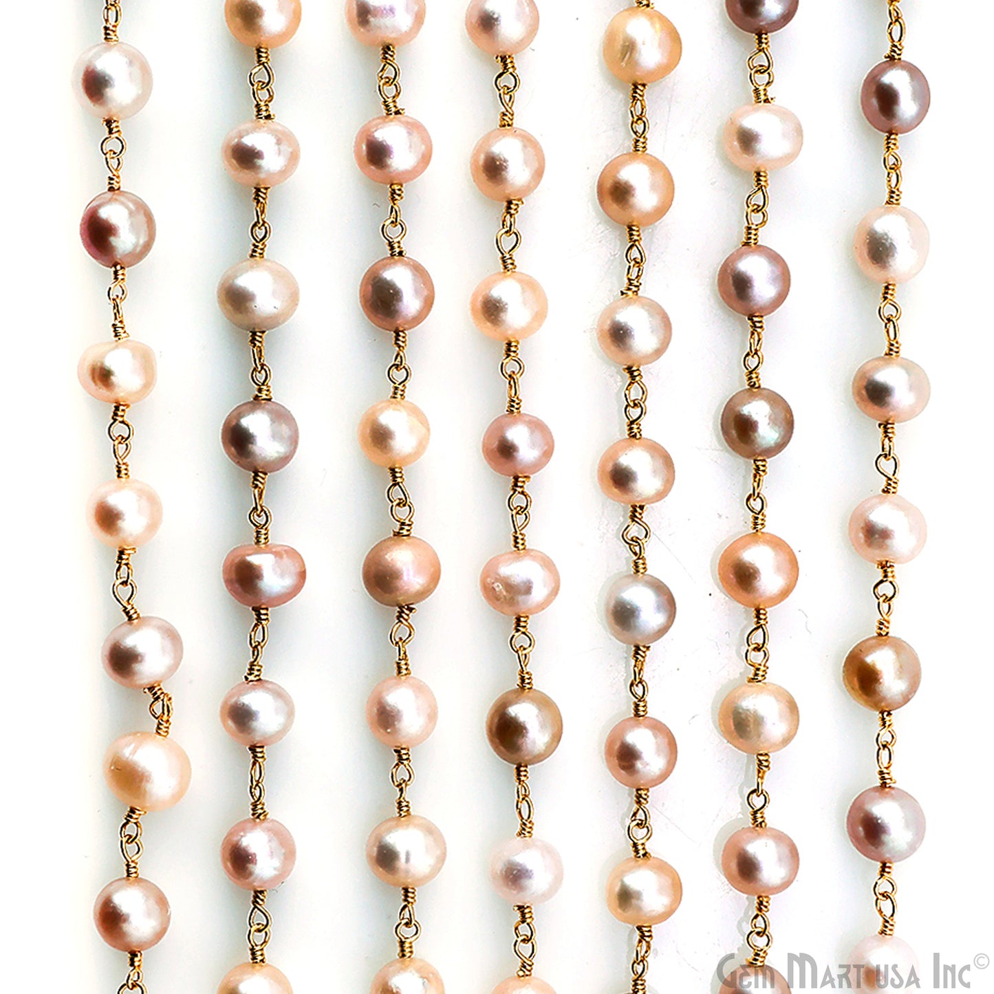 Pink Pearl Cabochon Beads 6-7mm Gold Plated Gemstone Rosary Chain