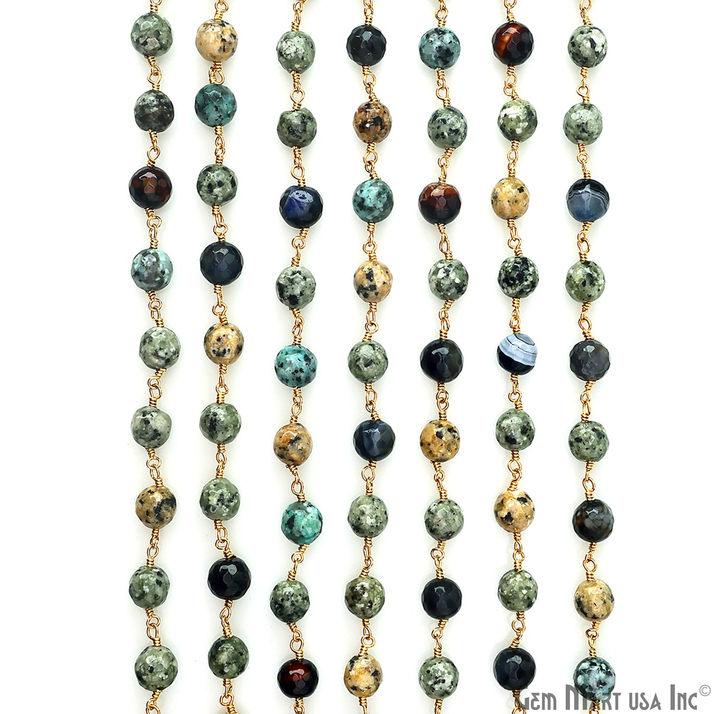 Multi Color Jade Faceted 8mm Gold Plated Wire Wrapped Rosary Chain