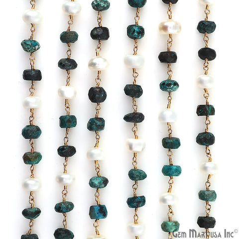 Chrysocolla & Pearl Rondelle Beads Gold Plated Wire Wrapped Rosary Chain