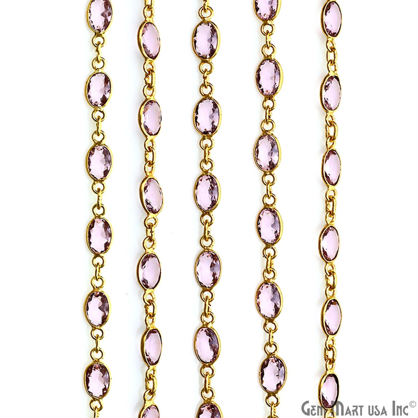 Pink Zircon Oval 7x5mm Bezel Link Silver Plated Continuous Connector Chain