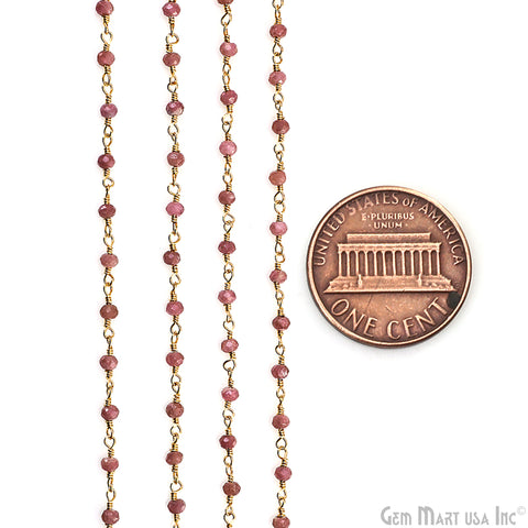 Pink Tourmaline 3-3.5mm Gold Plated Beaded Wire Wrapped Rosary Chain
