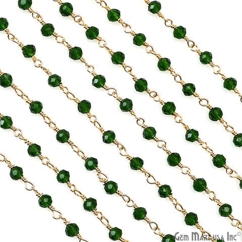 Green Zircon Faceted 3-3.5mm Gold Plated Beaded Wire Wrapped Rosary Chain