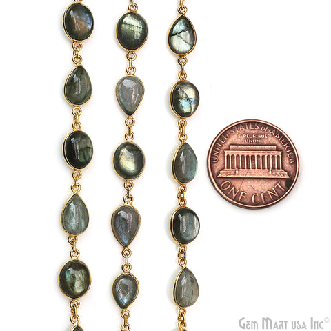 Labradorite Oval 9x11mm & Pears 8x12mm Gold Bezel Cabochon Continuous Connector Chain