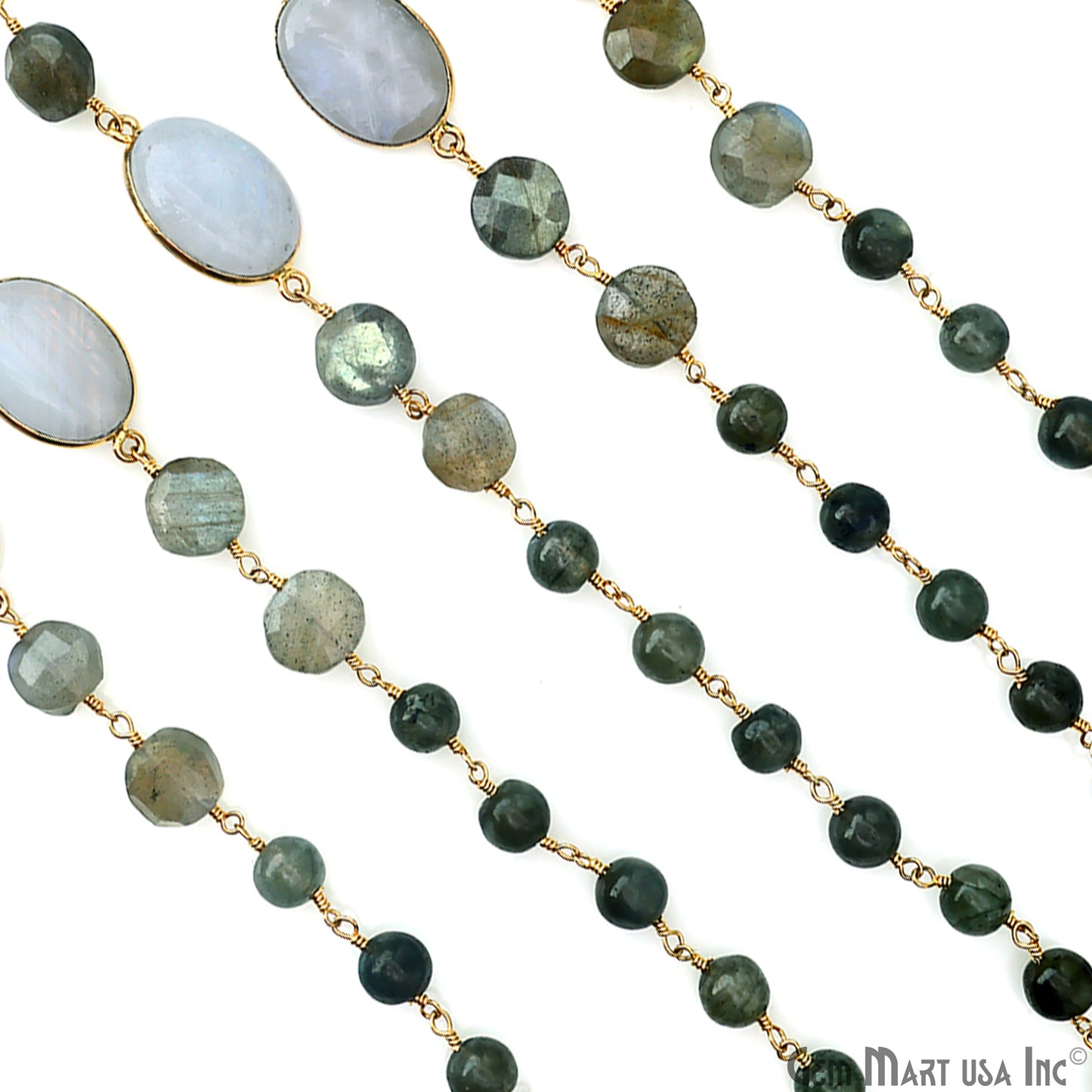 Labradorite Beads & Coin With Rainbow Moonstone Oval Bezel Gold Plated Rosary Chain