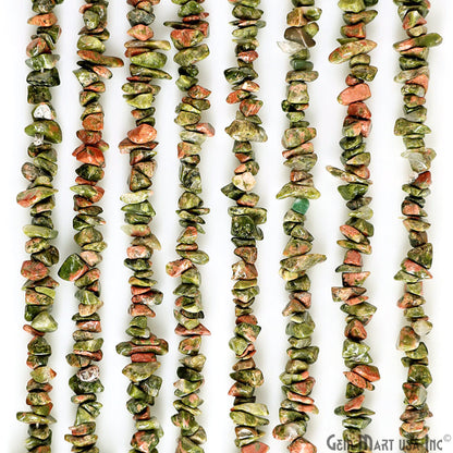 Unakite Chip Beads, 34 Inch, Natural Chip Strands, Drilled Strung Nugget Beads, 3-7mm, Polished, GemMartUSA (CHUN-70001)