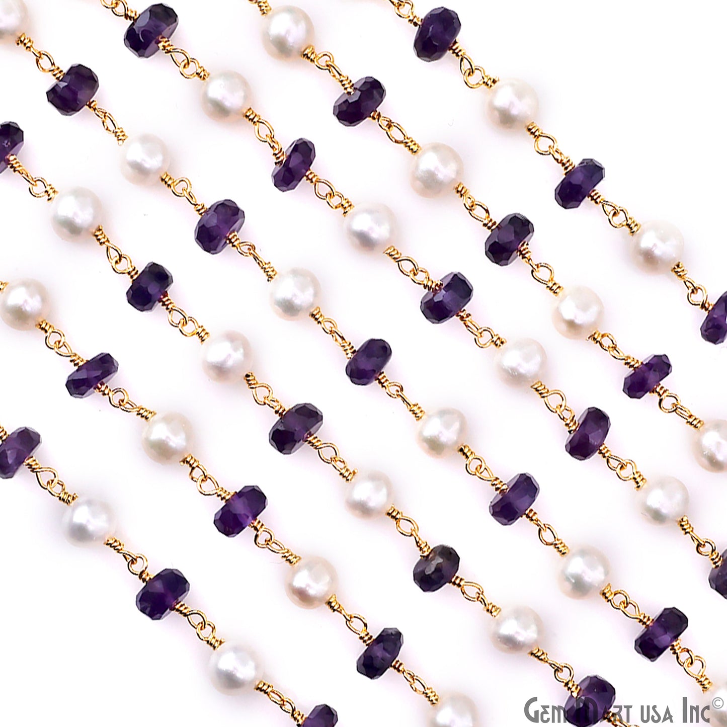 Amethyst With Pearl Gold Plated Wire Wrapped Beads Rosary Chain